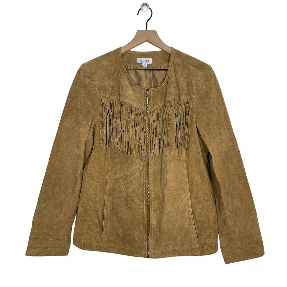 Denim & Co Suede Jacket Women's Size Large Chestnut Zip Front Fringe Western Tan